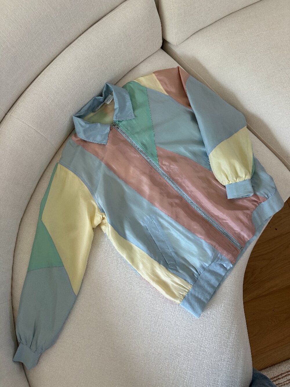 Vintage 80s Blair 100% Silk Pastel Color Block Bomber Jacket Oversized Small - Picture 2 of 14